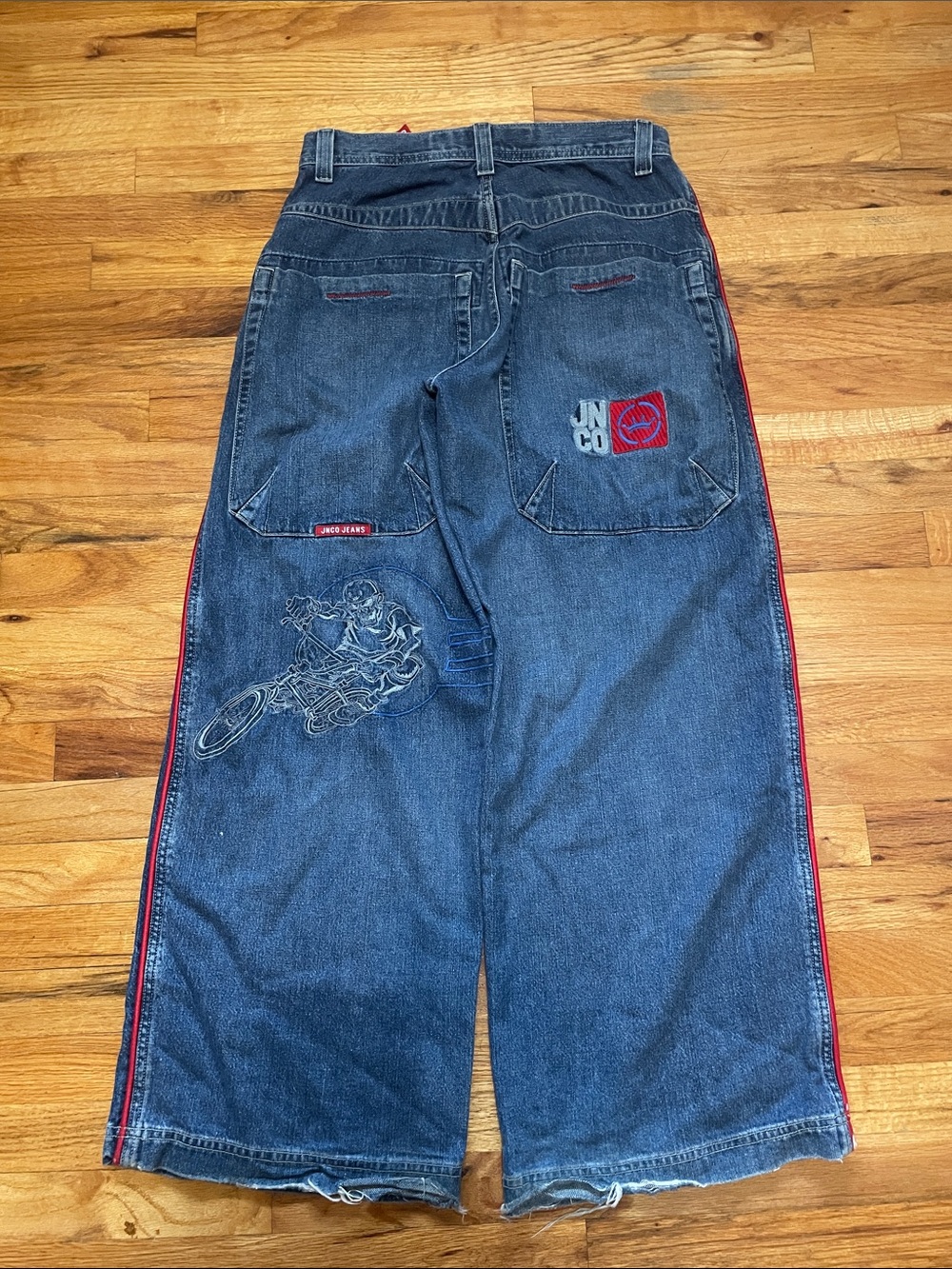 JNCO Blue Wide-Leg Jeans with Red Side Trim